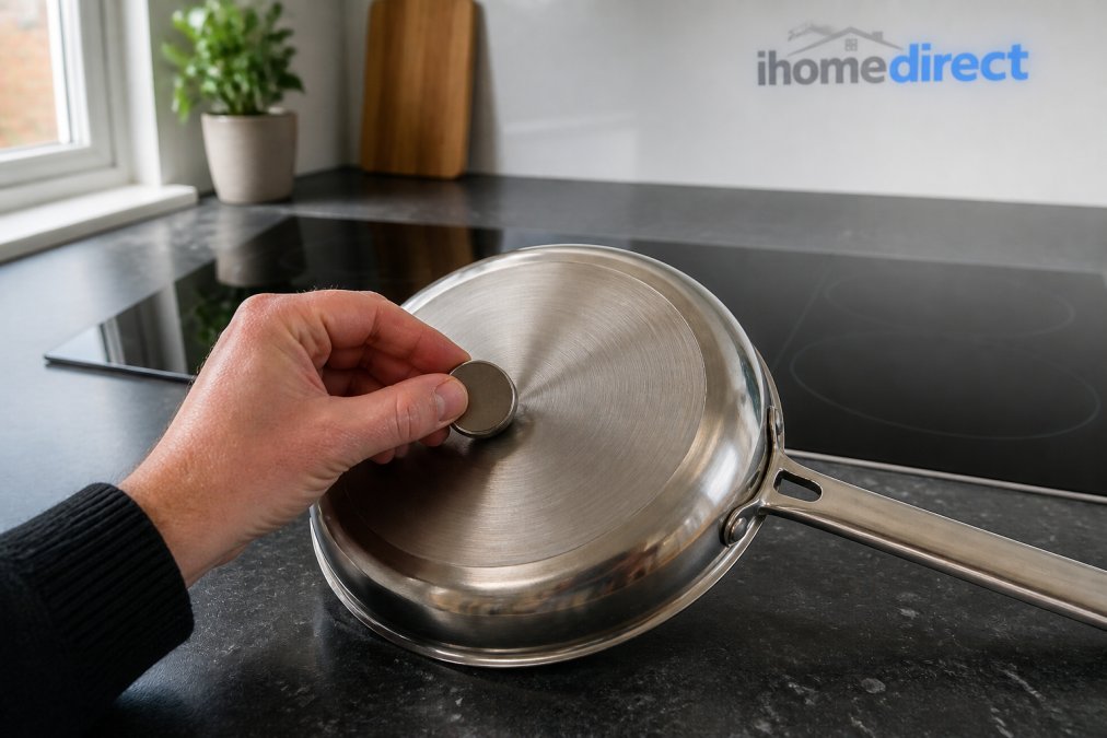 Close-up of a hand holding a magnet against the base of a stainless steel frying pan on a kitchen worktop, with a glass induction hob visible in the background