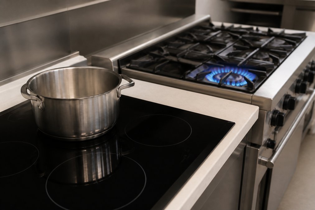 Close-up of induction cooktop with stainless steel pot on smooth glass surface showing no visible heat source, contrasted with gas cooktop displaying blue flames under cast iron grate in professional kitchen setting