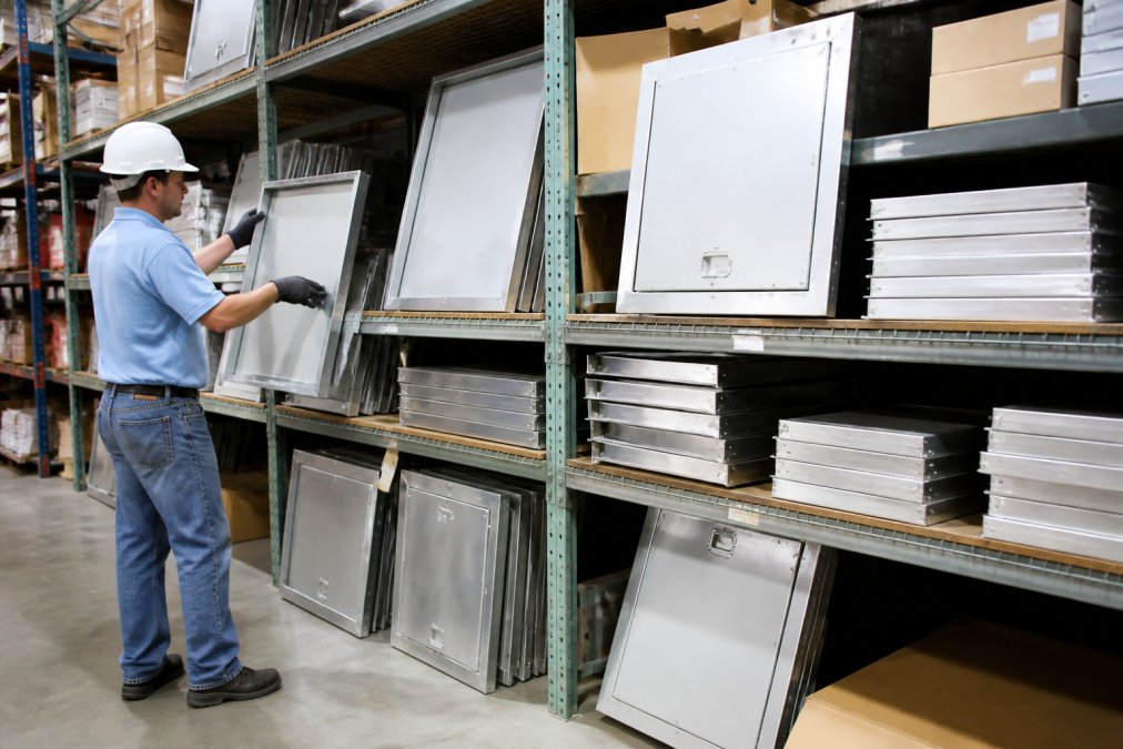 Warehouse worker organizing industrial access hardware alternatives on metal shelves with inventory labels
