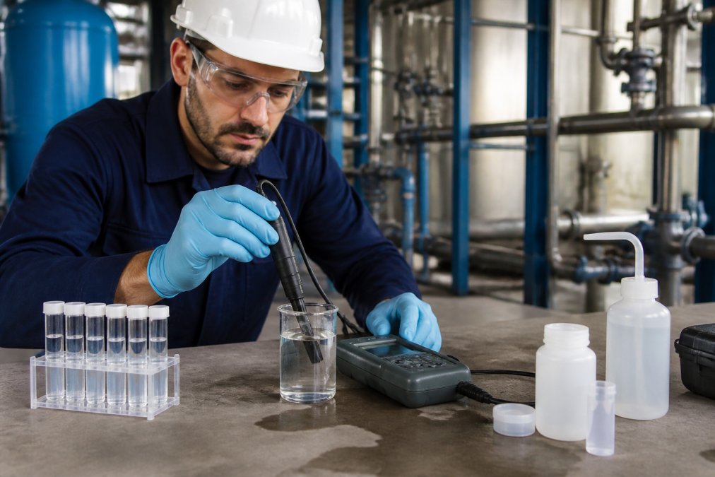 Technician using a digital pH meter to test water sample in an industrial facility, with testing equipment and sample containers visible on the work surface