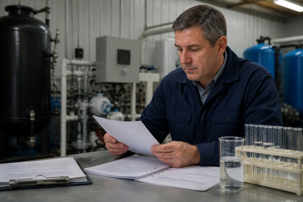 Facility manager reviewing water testing documentation and results at a desk with monitoring equipment in the background