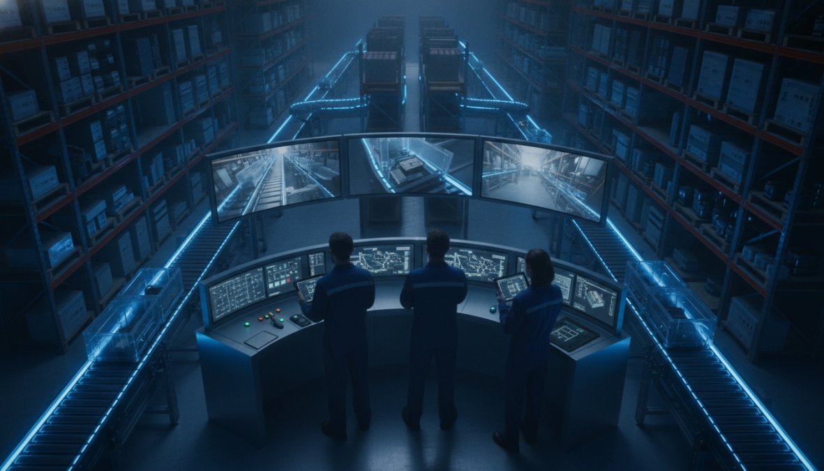 Industrial warehouse with automated conveyor systems, workers monitoring inventory on tablets, bright overhead lighting illuminating rows of organized parts bins