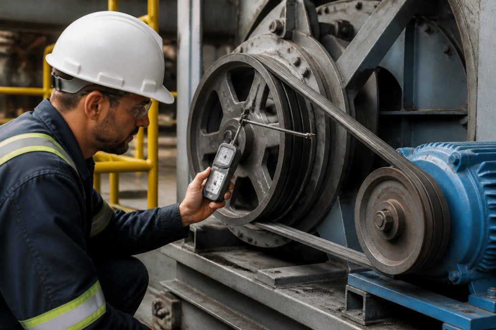 Technician using a tension gauge on a V-belt drive during industrial belt installation in a factory.
