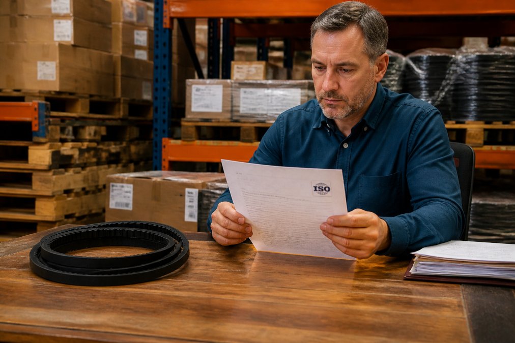 A procurement manager in a warehouse office reviewing a printed certificate with an ISO logo, while a conveyor belt sample sits on the desk