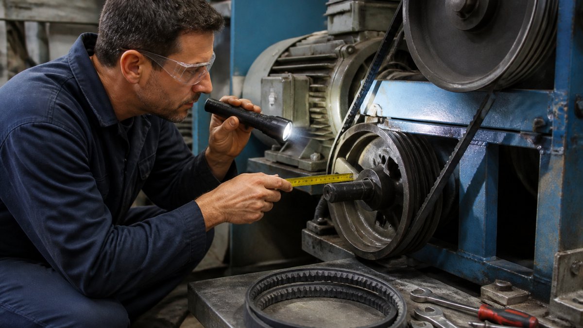 Maintenance technician in safety glasses inspecting a V-belt on industrial machinery, using a flashlight and measuring tape to check for visible wear, cracking, and fraying with tools on a workbench nearby