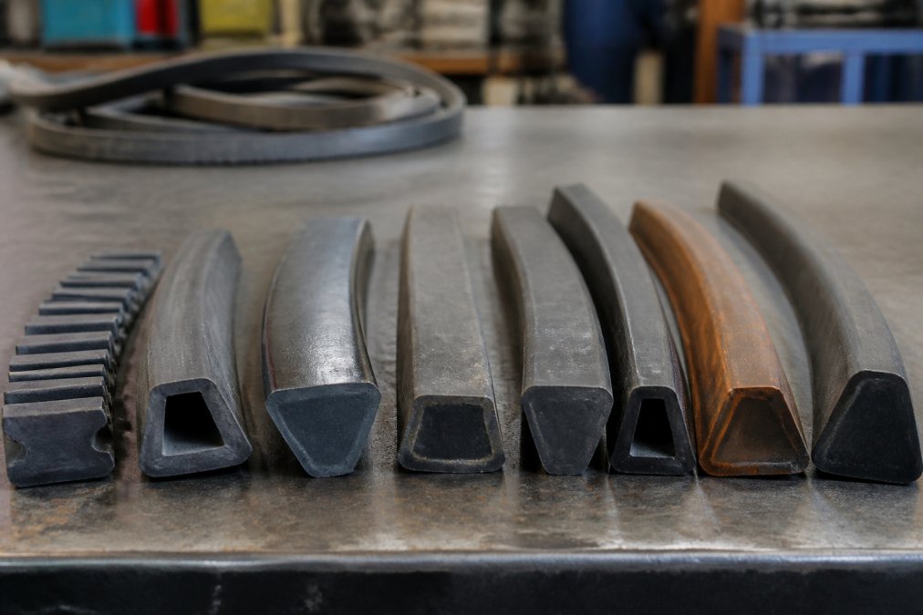 Close-up of industrial V-belts arranged on a workbench, showing different belt profiles and materials with visible texture variations and wear patterns