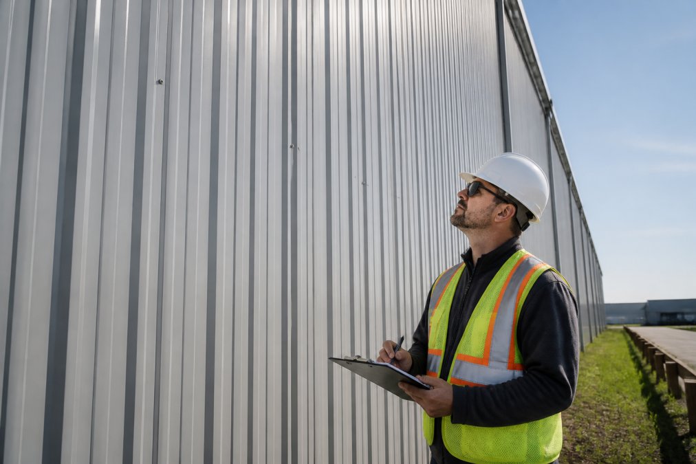 A facility manager in a hard hat and safety vest inspecting the exterior metal wall panels of a large industrial warehouse under a clear sky, holding a clipboard and looking up at the cladding seams