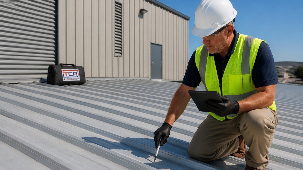 Professional inspector examining metal roof panels and industrial wall cladding on exterior of manufacturing facility, documenting condition with tablet and inspection tools
