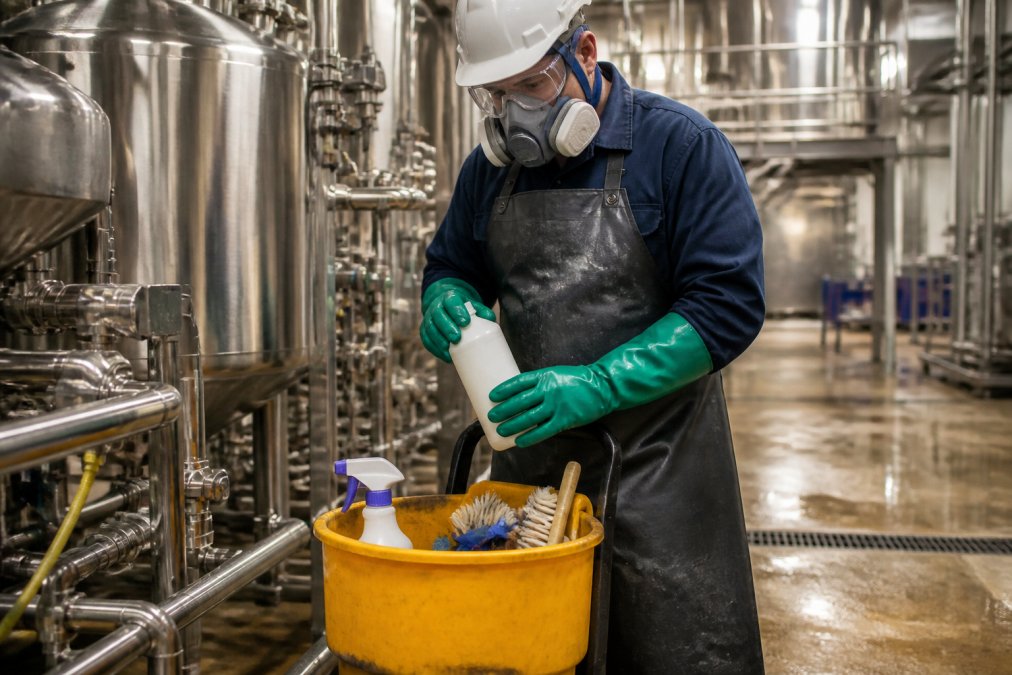 Industrial cleaning worker wearing full PPE including respirator, chemical-resistant gloves, protective eyewear, and apron while handling cleaning supplies in a manufacturing facility with metal equipment in background