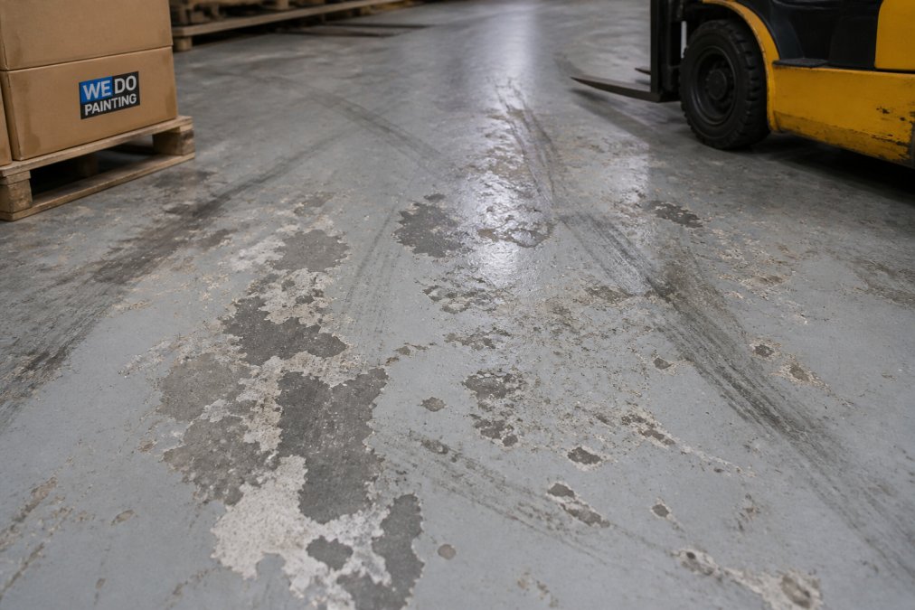 Close-up of a warehouse floor showing visible coating damage, peeling paint, and wear patterns on high-traffic areas with visible wear marks from forklift traffic