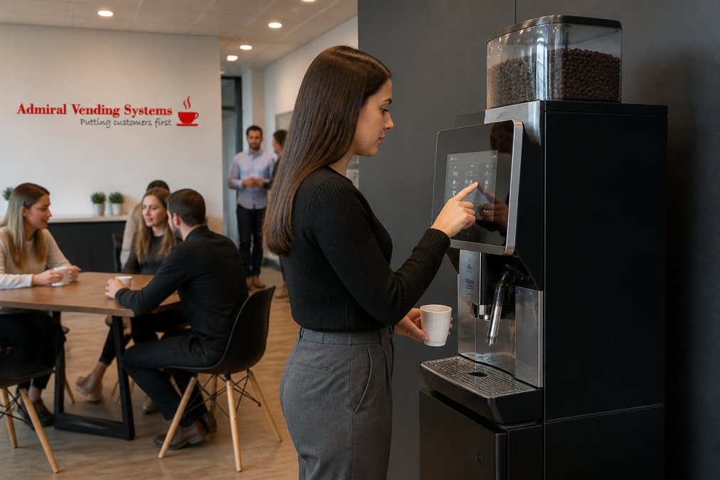 A floor standing bean to cup coffee machine in a busy office breakout area, with an employee using the intuitive display to select a drink, steam wand and drip tray visible, fresh coffee beans in the hopper
