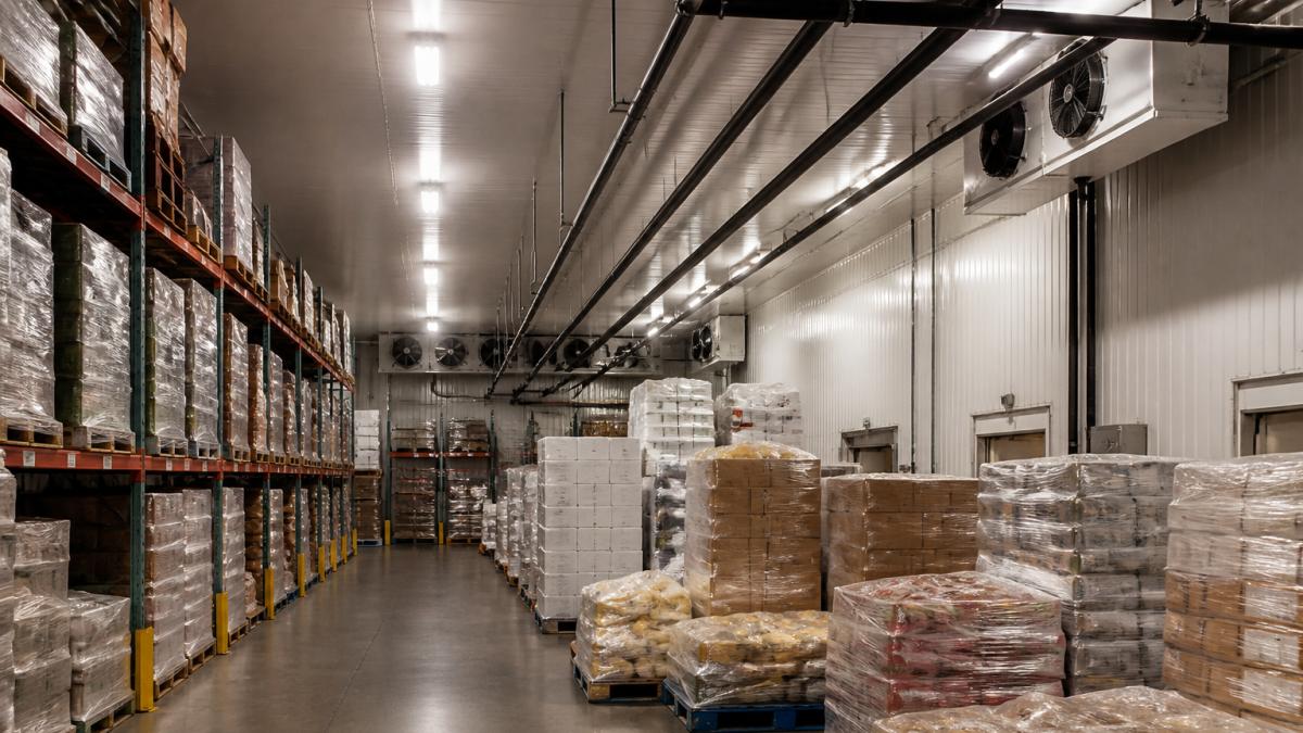 Interior view of a commercial cold storage warehouse with rows of pallets stacked with frozen and refrigerated products, metal shelving units, and exposed refrigeration piping running along the ceiling, fluorescent lighting illuminating rows of temperature-sensitive goods