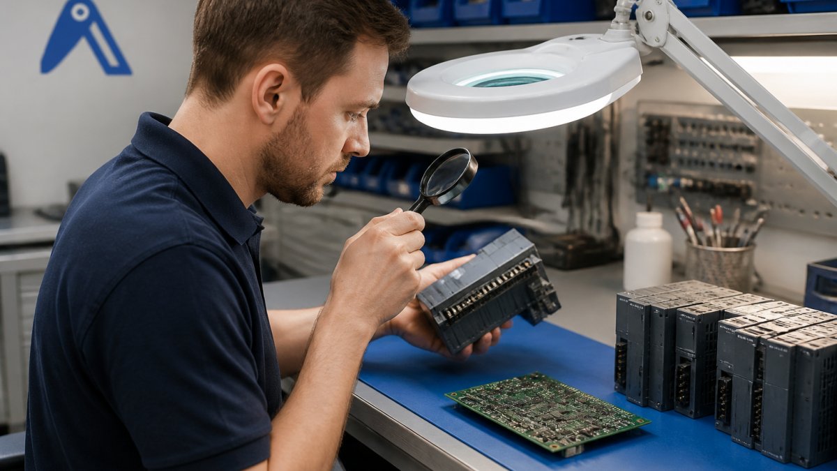 Technician using a magnifying glass to verify a PLC module during a quality control checklist inspection.