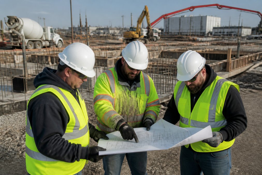 A team of industrial concrete contractors in hard hats and safety vests reviewing blueprints at a large construction site, with heavy machinery and concrete forms visible in the background