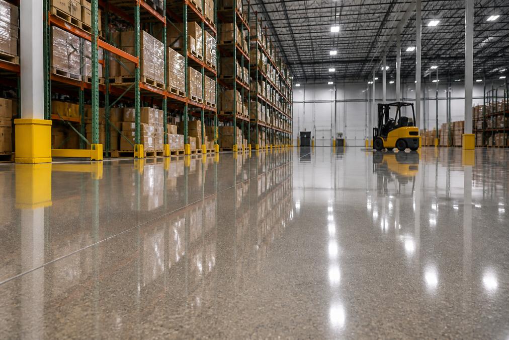 High-gloss industrial concrete floor finishes reflecting lights in a large warehouse with forklifts and racks