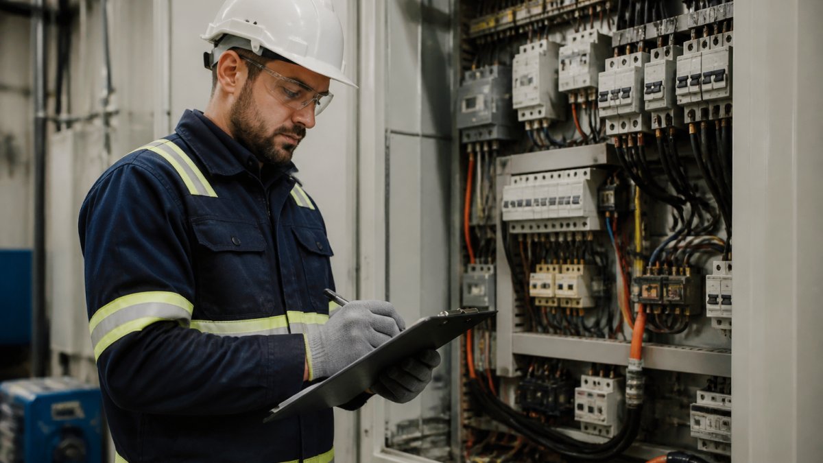 A licensed electrician in safety gear checking a clipboard while inspecting an industrial electrical panel in a facility