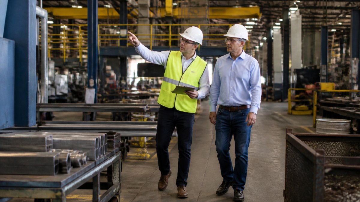 A safety consultant in a hard hat and safety vest walking through a manufacturing floor with a clipboard, pointing out potential hazards to a plant manager