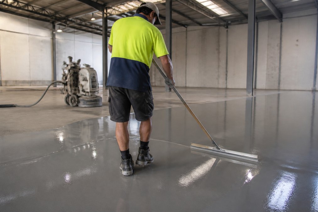 Contractor applying grey epoxy flooring vs polished concrete resin with a squeegee in a warehouse setting