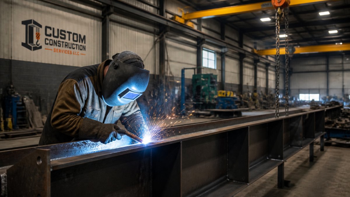 A welder in protective gear working on a large steel beam inside an industrial fabrication shop, with sparks and overhead crane visible in the background