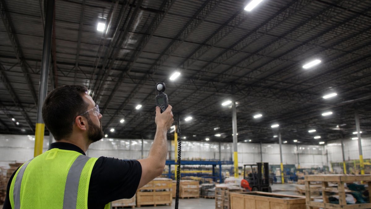 Professional technician using a light meter to measure foot-candles in a high-bay industrial warehouse with overhead fluorescent and LED fixtures visible against the metal ceiling structure