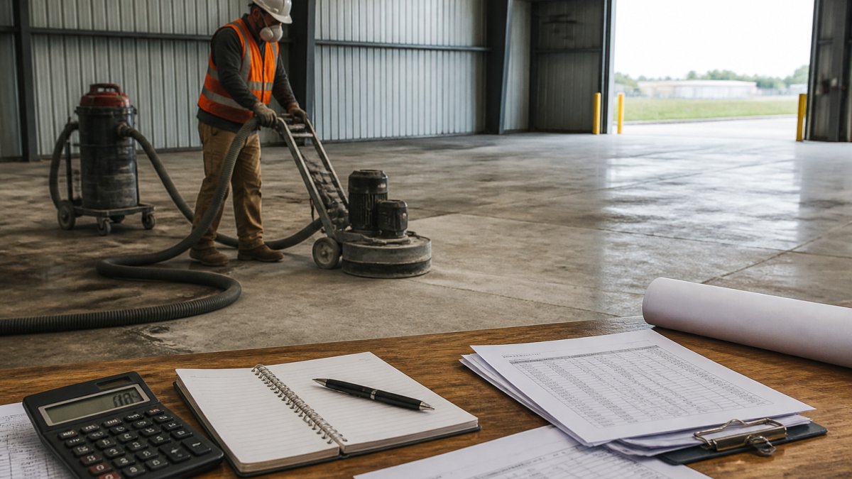 Contractor using a grinder on a warehouse floor to prepare for floor coating cost optimization