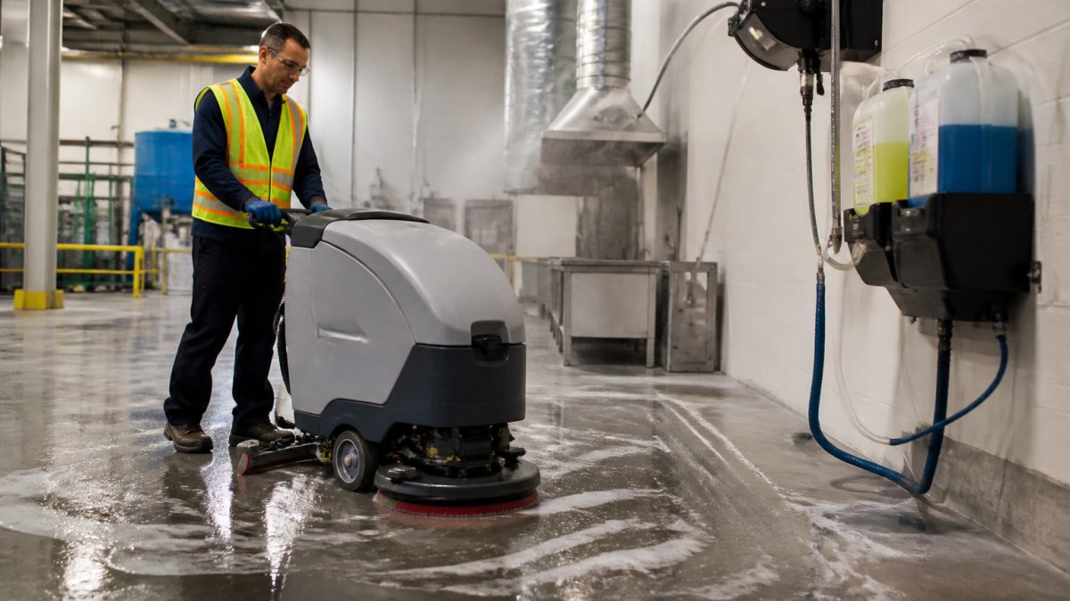 Facility manager using an industrial floor scrubber for industrial floor maintenance and degreasing tasks.