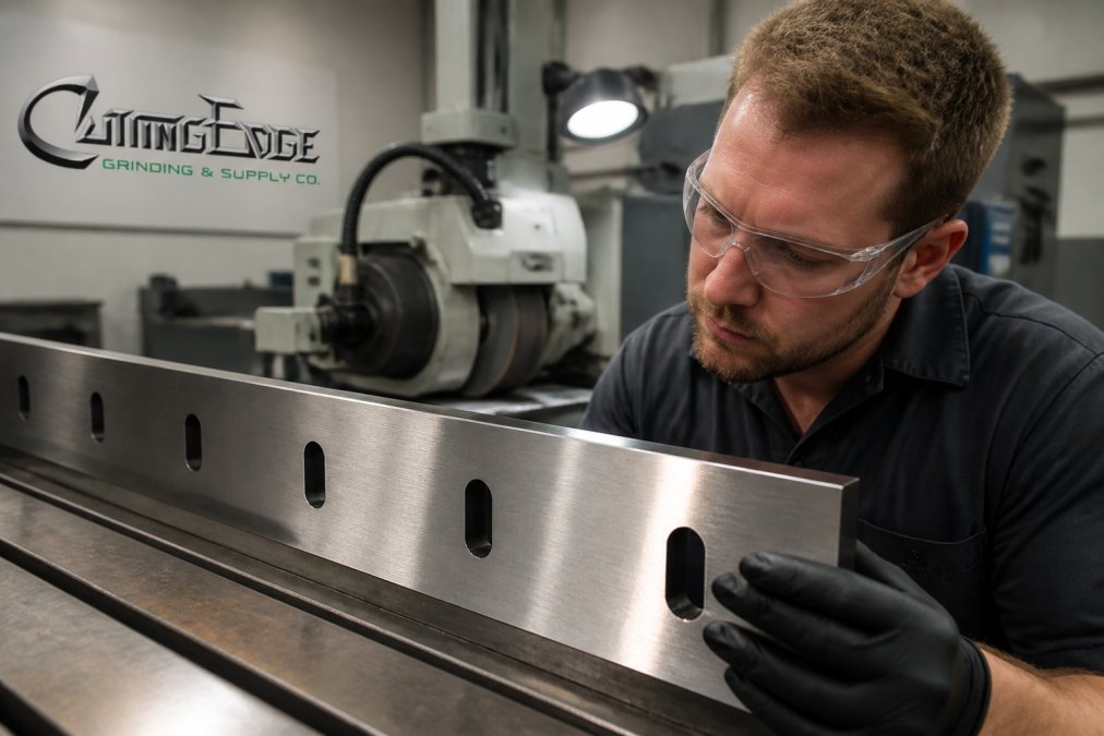 Technician wearing safety gear inspecting a guillotine blade sharpening result in a precision grinding shop