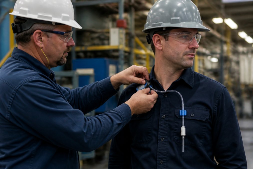 Safety professional attaching a personal pump to a worker for air quality testing in a manufacturing facility