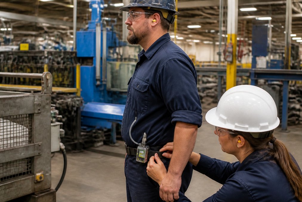 Industrial hygienist attaching an air sampling pump to a worker for industrial hygiene monitoring on a factory floor