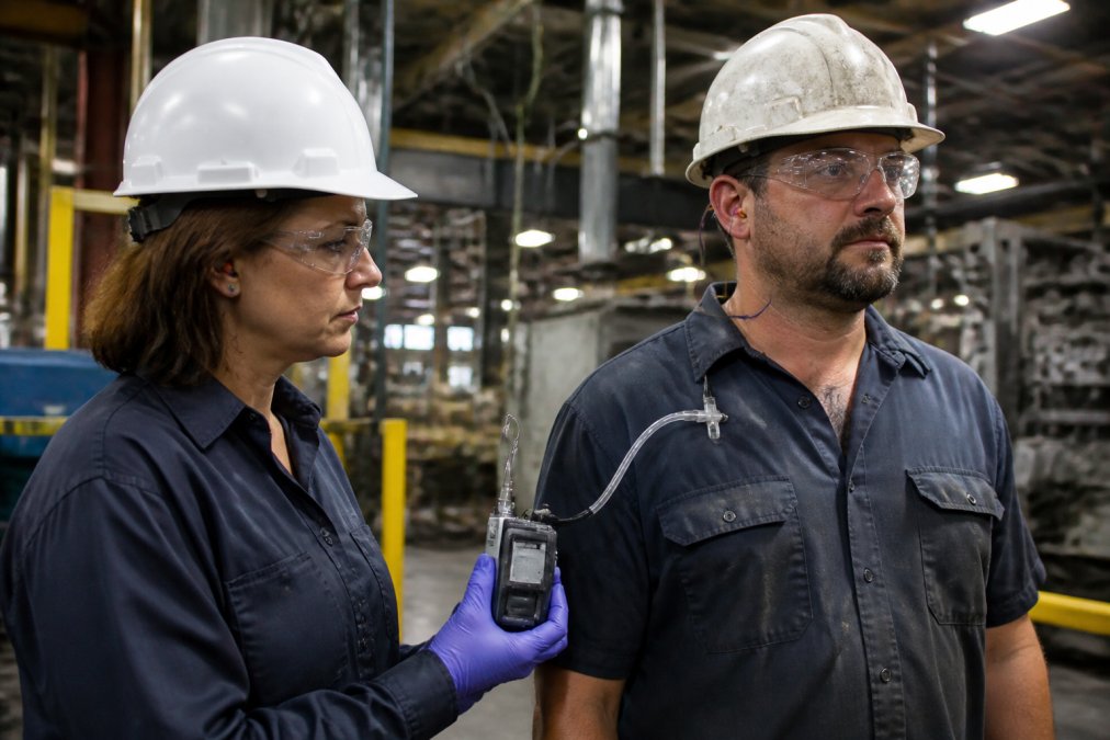 An industrial hygienist in safety glasses and a hard hat holding a personal air sampling pump next to a worker on a factory floor, with production machinery visible in the background