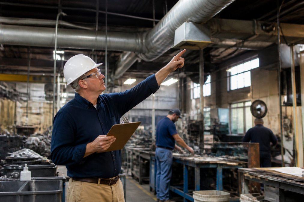 A safety manager in a hard hat and safety glasses walking through a small manufacturing floor with a clipboard, pointing at a ventilation duct while workers operate machinery in the background