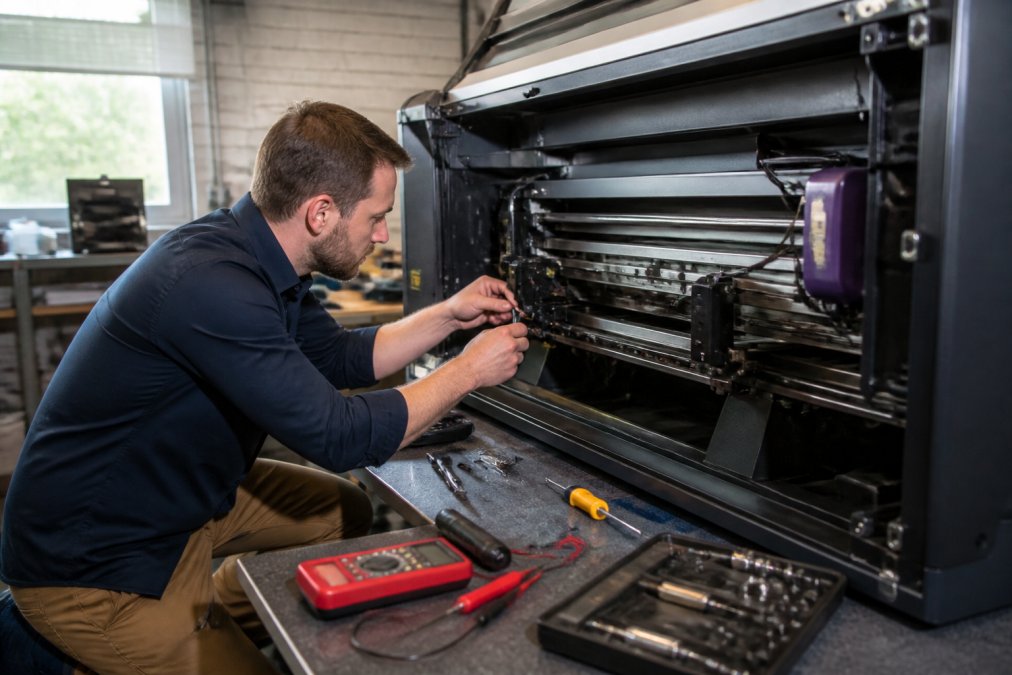 Professional technician in business casual attire working on an industrial laser printer at a customer's facility, with diagnostic tools and testing equipment visible on the workbench, natural workshop lighting
