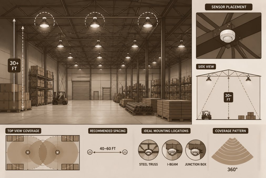 Wide-angle view of a large industrial warehouse interior with high-bay ceiling fixtures mounted 30+ feet overhead, showing sensor placement on structural framework and open floor space below with stored materials