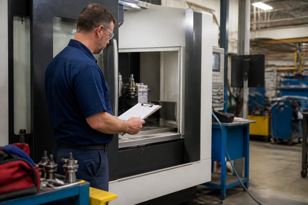 A factory-trained technician in a blue uniform reviewing a printed repair quote on a clipboard next to a large CNC machining center on a manufacturing floor, under bright overhead industrial lighting