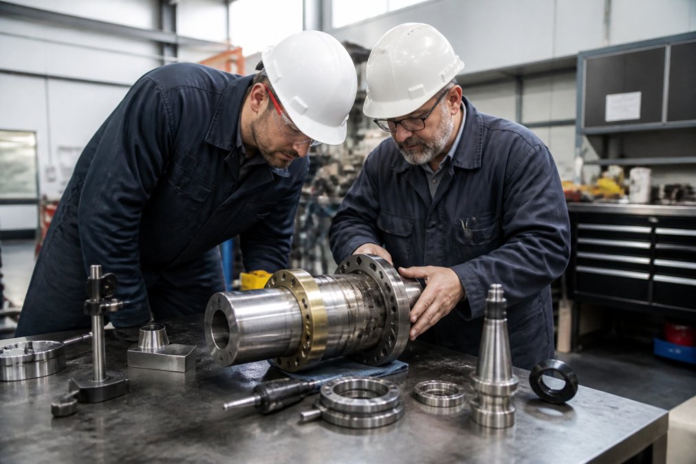 Two industrial technicians in safety gear and hard hats closely inspecting a disassembled spindle assembly on a steel workbench in a well-lit machine shop, with precision measurement tools visible nearby