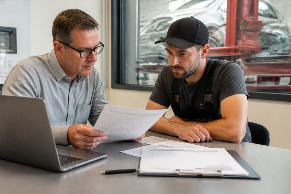 Shop owner and lender reviewing documents for machinery financing in an auto body shop office