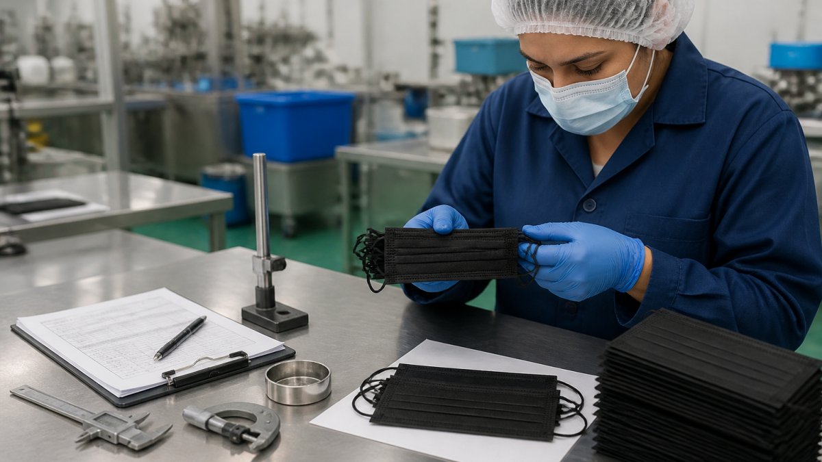 Infographic flowchart detailing the quality control inspection process for disposable face mask manufacturing