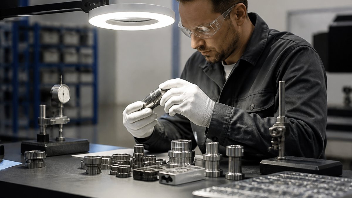 Quality control technician inspecting precision-machined metal parts with measuring tools at a workstation