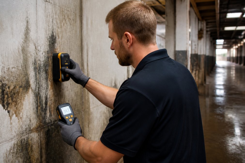 IICRC-certified technician using moisture mapping equipment and handheld hygrometer to inspect industrial facility walls and structural areas for water intrusion and mold growth, with moisture meter display visible