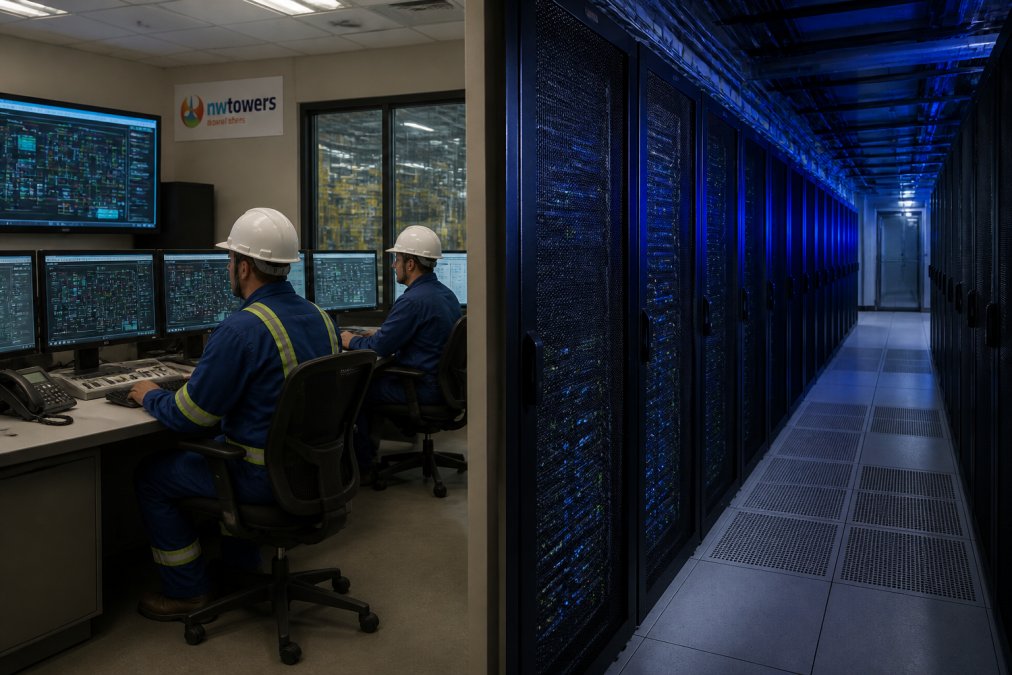 A split-view photograph showing an industrial control room with operators monitoring SCADA screens on one side, and a modern corporate data center with server racks and cool blue lighting on the other