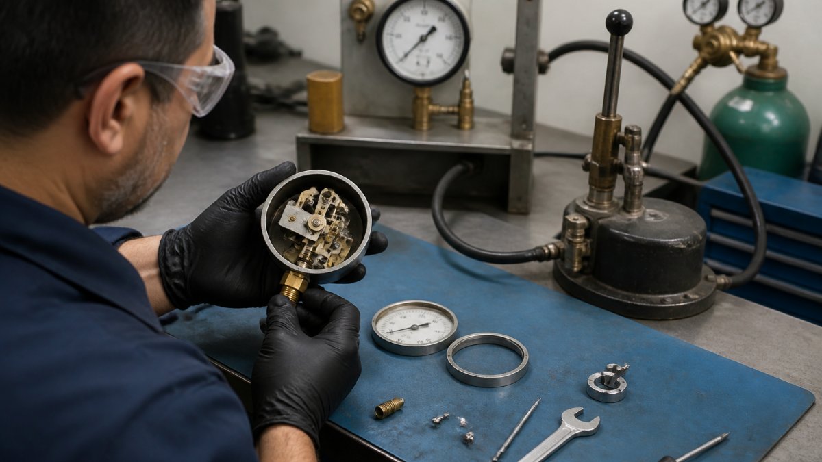 A technician in safety glasses and gloves inspecting the internal mechanism of a disassembled industrial pressure gauge on a workbench, with calibration tools and a pressure source visible nearby