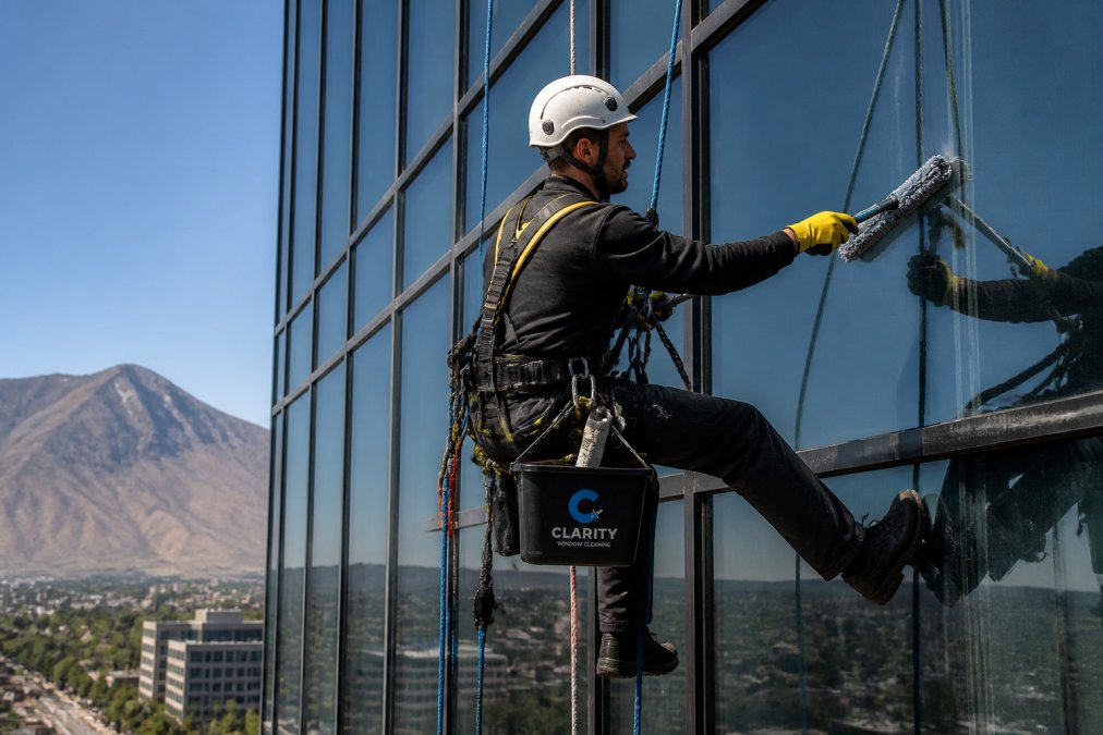 Certified technician secured with proper safety harness and fall protection equipment performing exterior window cleaning on high-rise office tower facade using rope access methods