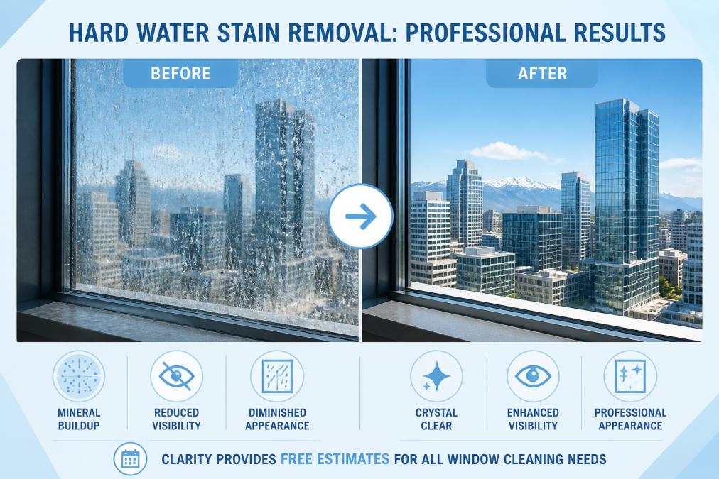 Close-up comparison of industrial glass showing stubborn hard water stains and mineral deposits on left side versus crystal-clear, professionally restored glass on right side