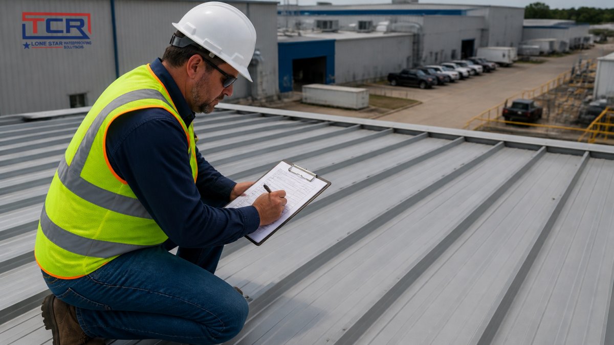 Professional inspector conducting systematic roof inspection on industrial metal roofing system, using clipboard to document findings, with manufacturing facility visible in background