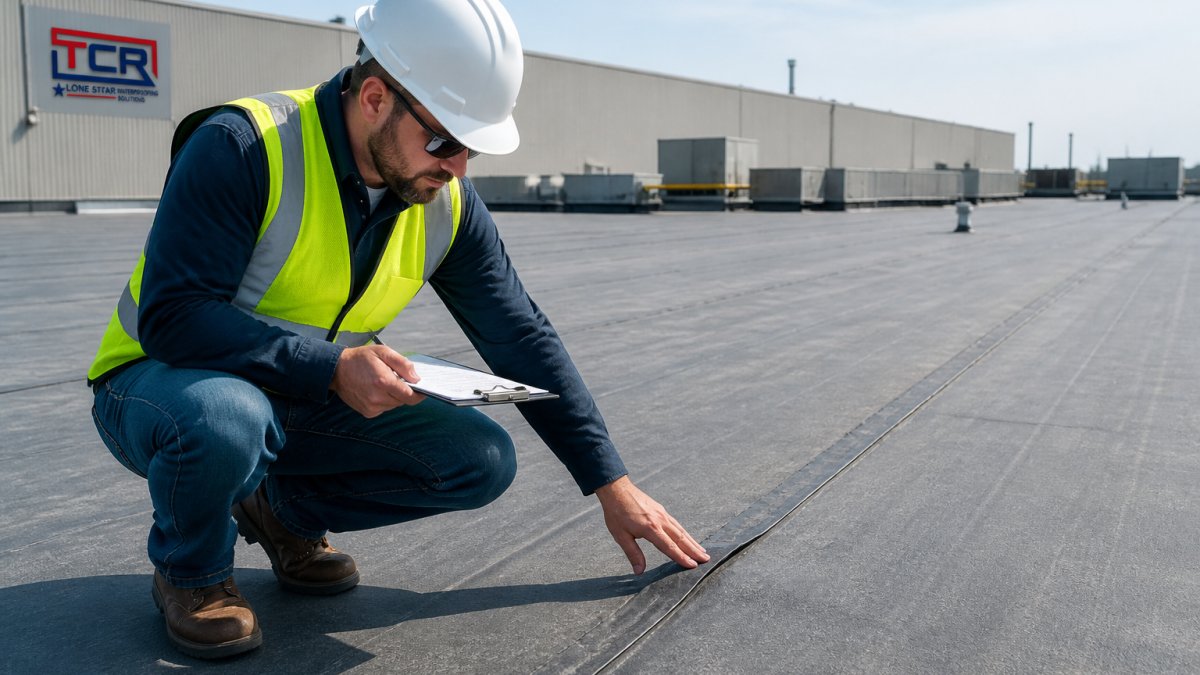 Professional roofing inspector examining flat industrial roof surface with clipboard, checking membrane seams and condition in daylight