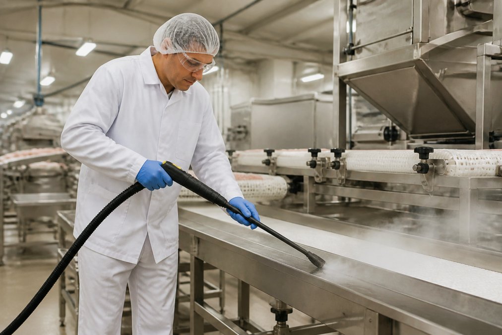 Industrial Steam Cleaner for Food Production: 2026 Guide 1 A technician in white food-safety clothing and hairnet using a dry steam cleaner with a lance on a stainless steel conveyor belt in a bright food processing hall