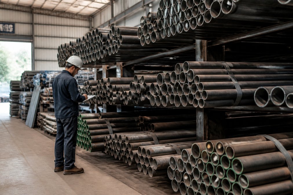 Industrial warehouse with stacked steel pipes and tubing of various sizes and gauges, organized by type and diameter, with a worker in safety gear inspecting materials