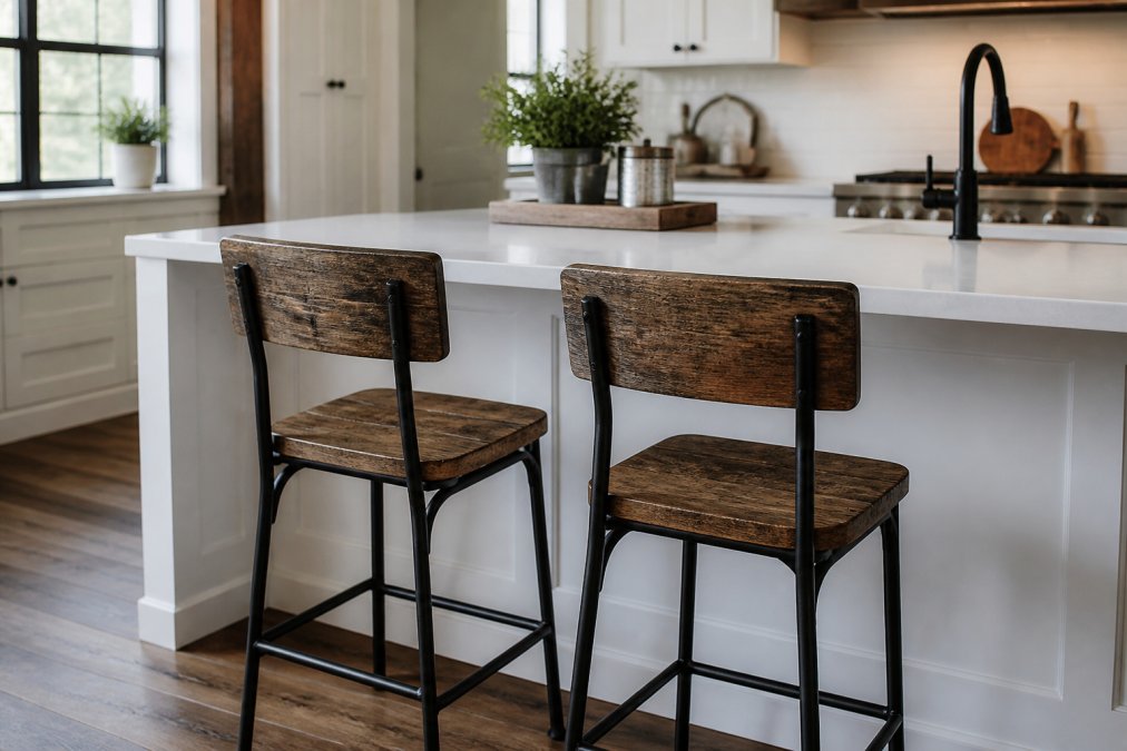 A pair of handcrafted reclaimed wood bar stools with dark metal frames placed at a white quartz kitchen island in a bright modern farmhouse kitchen, natural morning light streaming through windows
