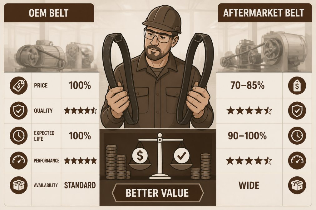 A maintenance manager in a factory setting holding two V-belts side by side, comparing an OEM belt with an aftermarket replacement, with industrial machinery blurred in the background