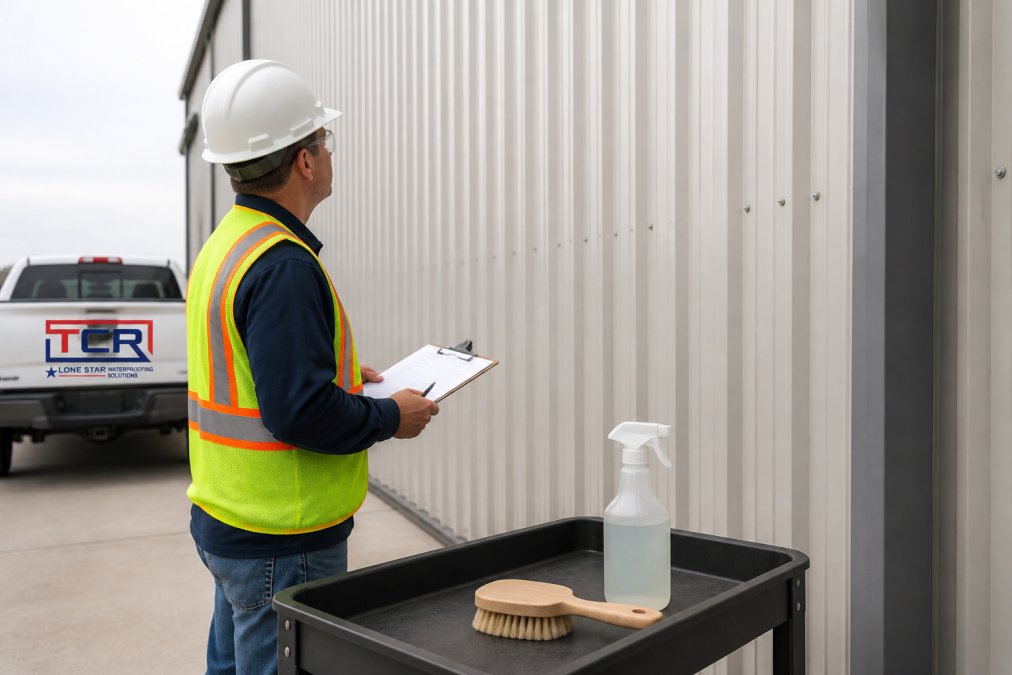 A facility manager in a hard hat and safety vest inspecting metal wall panels on a large industrial building, clipboard in hand, a soft bristle brush and spray bottle of mild detergent on a nearby cart, overcast morning light
